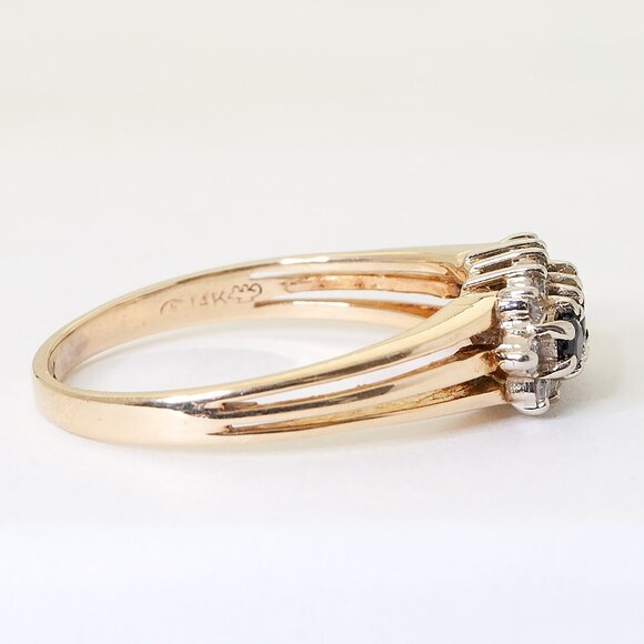 Vintage 14kt Yellow Gold Blue Sapphire Diamond Ring, Elegant Dinner Ring Sz 8 - Picture 8 of 9